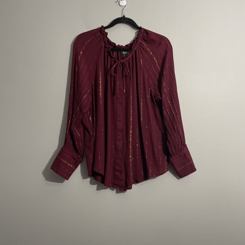 A.N.A Red Gold Striped Blouse Women’s XL Ruffle Neck Long Sleeve Top
